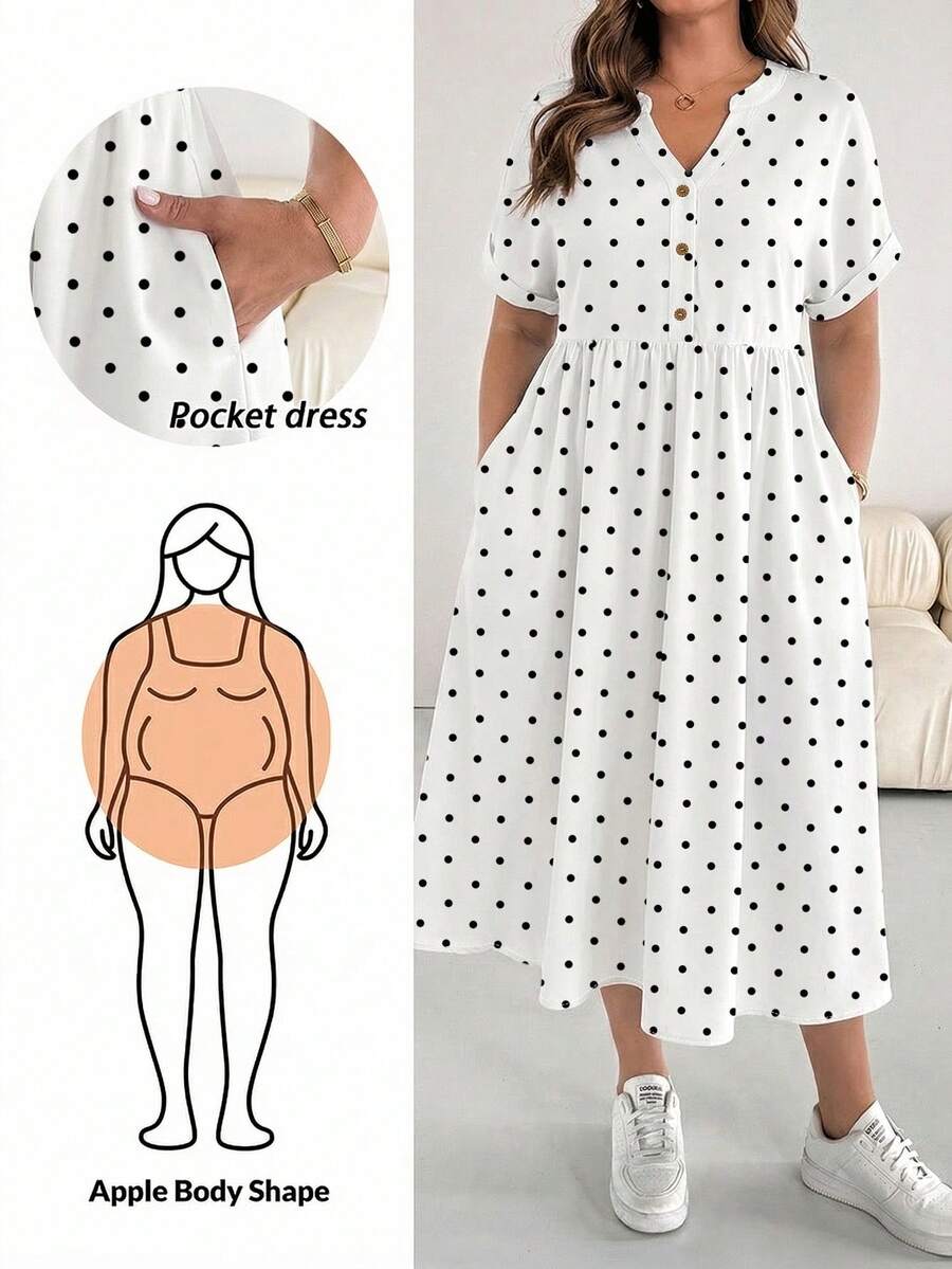 SHEIN Essnce 大码女式波点印花V领短袖休闲连衣裙 - 白色 - 查看 1