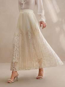 Anewsta Chân váy xếp ly thiết kế phối ren mới dành cho nữ - Màu be - Xem 4