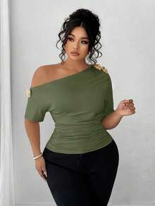 Elenzga Plus Size Women Elegant Personalized Versatile Casual Commute Cold-Shoulder Top - Olive Green - View 6