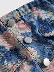 ROMWE Fairycore Summer Outfits Plus Size Floral Print Denim Camisole Top, Backless Design - Medium Wash - View 8