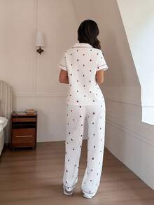 Napfluff Funny Playing Card Print Trim Short Sleeve Women Pajama Set - Red and White - View 2