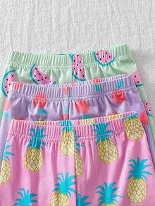 6pcs/Set Girls' Colorful Fruit & Vegetable Print Short Sleeve Snug Fit Pajama Set, Summer - Multicolor - View 6