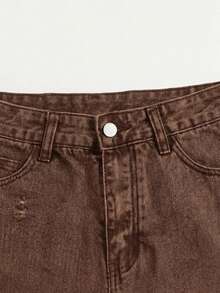 Damen Lässig Destroyed Fransensaum Jeans Shorts mit Taschen - Kaffeebraun - Übersicht 5