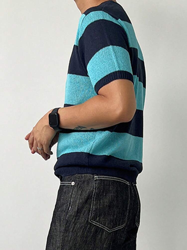 Men's Contrast Color Patchwork Crew Neck Knit Top, Short Sleeve