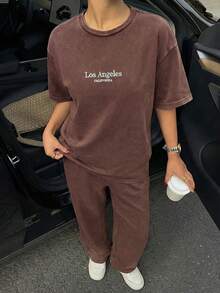 Muchica Conjunto informal de camiseta de manga corta con gráfico de letras lavado marrón café y pantalones para mujer - Café integral - Ver 6