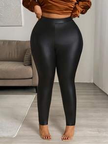 Hourglow 女士秋季服装，冬季加大码女士高腰纯色PU皮紧身裤/秋季/冬季 - 黑色 - 查看 6