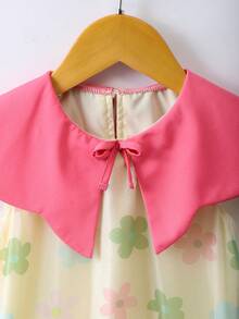 Girls (Small) Floral Print Pink Collar A-Line Dress With Bow Design - Multicolor - View 7