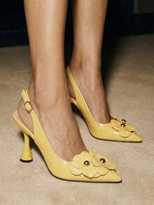 全新 2024 年春夏花卉封闭式露跟细高跟凉鞋，甜美中跟女鞋 - 黃色 - 查看 3