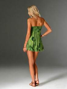 TRNVIE Vestido mini con pliegues, estampado floral romántico y detalle de nudo delantero, adecuado para vacaciones de primavera/verano - Verde - Ver 2
