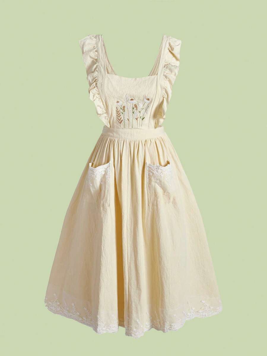 ROMWE Fairycore Spring/Summer Plus Size Floral Embroidery Pastoral Dress - Apricot - View 1