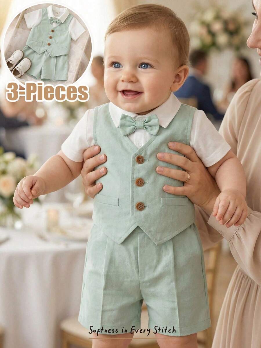 Cozy Pixies 三件套男/女婴绅士西装套装：白色短袖衬衫、绿色马甲和短裤，优雅的生日派对、洗礼、周岁生日、婚礼、花童、戒指童装扮。 - 綠色 - 查看 1