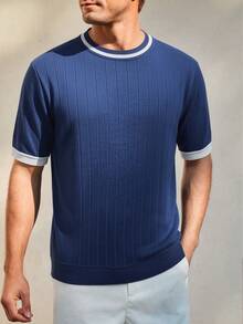Manfinity CityGents 男士圆领短袖罗纹休闲针织上衣 - 藏蓝色 - 查看 5