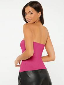 SHEIN BASICS 纯色无肩带露背修身性感短款上衣，夏季 - 玫紅色 - 查看 2