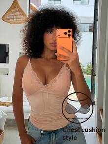 Livesso Charming Lace Patchwork Built-In Padded Camisole Top For Women Summer - Apricot - View 5