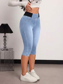 SHEIN Tall 夏季女款休閒外出日常通勤簡約百搭高腰鬆緊腰 3/4 長度緊身牛仔褲，適合高個女性 - 淺色水洗藍 - 查看 5