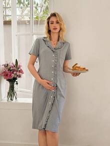 Áo khoác cardigan cổ bẻ dáng suông cơ bản cho nữ, viền bèo nhún, thích hợp mặc nhà. - Màu Xám nhạt - Xem 1