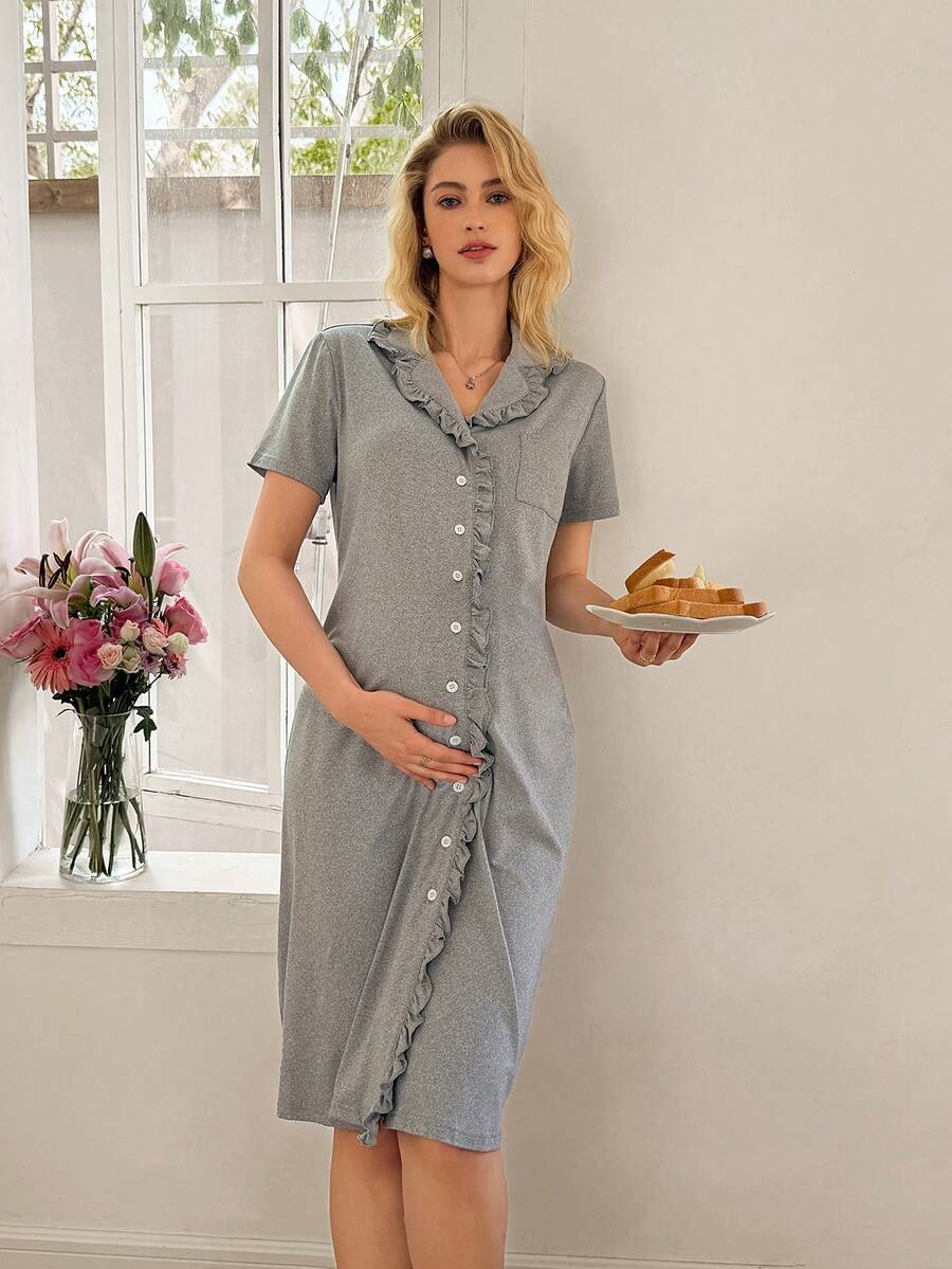 Áo khoác cardigan cổ bẻ dáng suông cơ bản cho nữ, viền bèo nhún, thích hợp mặc nhà. - Màu Xám nhạt - Xem 1