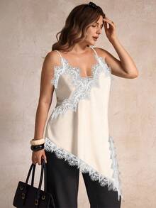 Elegantrix Plus Size Women Urban Casual Lace Asymmetric Hem V-Neck Patchwork Solid Color Camisole White Slip Top - Apricot - View 3