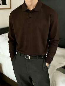 Claim Dot Men's Casual Solid Color Button-Up Polo Shirt - Coffee Brown - View 3