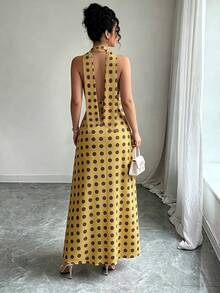 Modelyn New Retro French Polka Dot Halter Neck Dress, Fashionable Elegant Casual Vacation Style Waist Cinched Dress For Women - Yellow - View 3