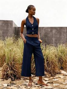 Lumivelle Women's Solid Color Minimalist Casual Suit Pants Travel Navy Blue Summer - Navy Blue - View 4