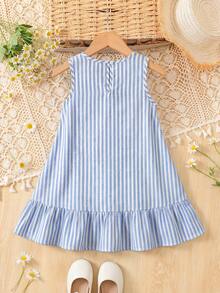 Young Girl Blue & White Striped Butterfly Ruffle Trim Short Sleeve Pink Casual Dress, Fashionable Everyday Wear For Infants, Spring/Summer Resort - Blue - View 6