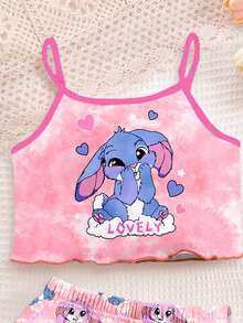 Bộ đồ ngủ bé gái kiểu dáng tối giản, họa tiết thỏ xanh hoạt hình dễ thương Lulu & Stitch, nhuộm màu hồng tươi tắn, gồm áo hai dây và quần short, thích hợp cho mùa hè, thoải mái dễ chịu, trang phục thường ngày, quần áo trẻ em có họa tiết, chuẩn bị cho năm học mới. - Nhiều màu - Xem 3