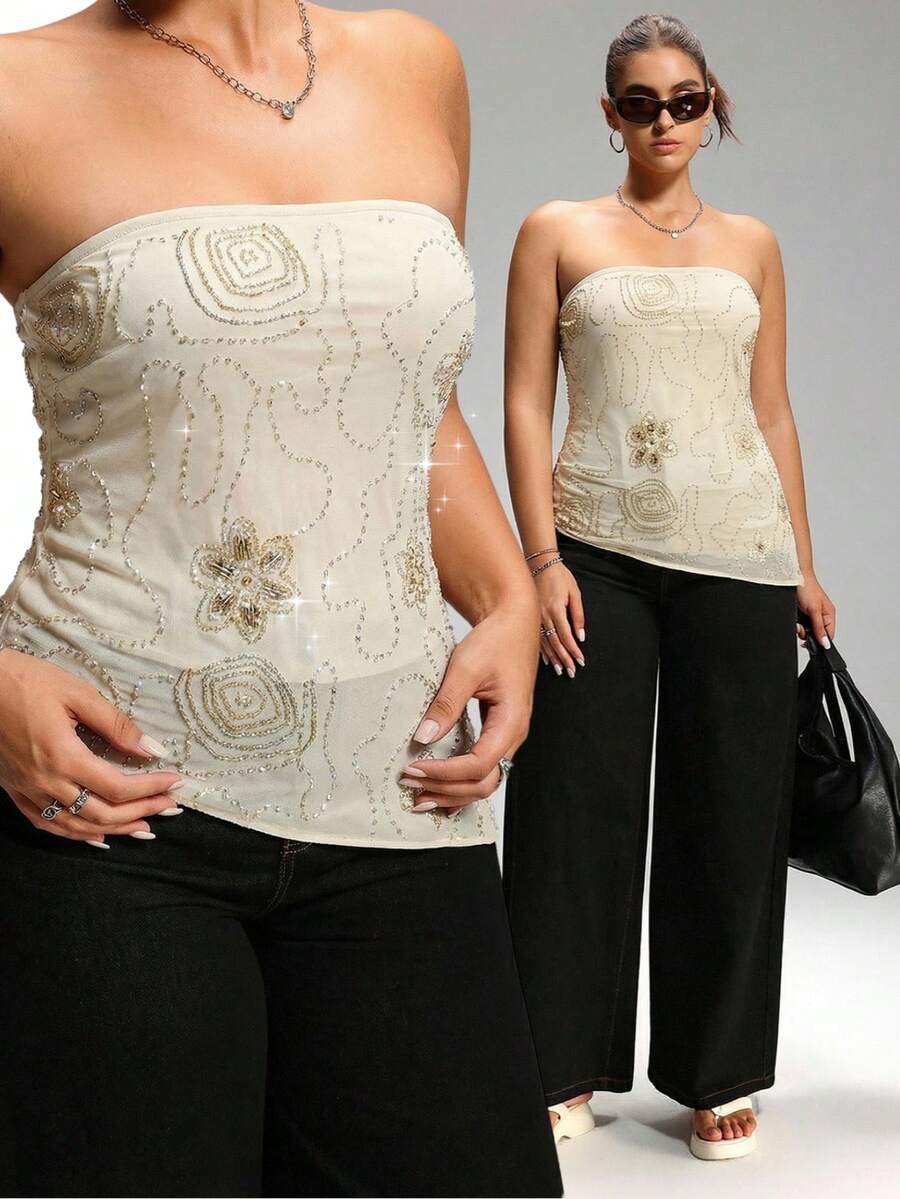 LYSMO Atasan Tube Top Wanita Ukuran Plus untuk Musim Panas dengan Hiasan Bunga dan Manik-manik serta Hem Asimetris - Khaki - View 1