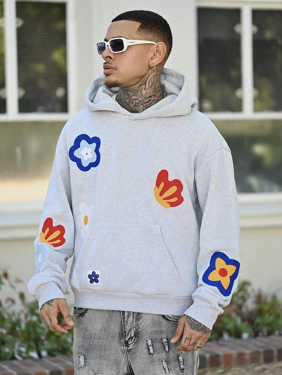 Devon Thys 男士休闲花卉刺绣连帽卫衣，秋冬季花卉图案连帽衫，街头风Y2K连帽衫，男士泡泡印花连帽衫，长袖上衣 - 灰色 - 查看 1