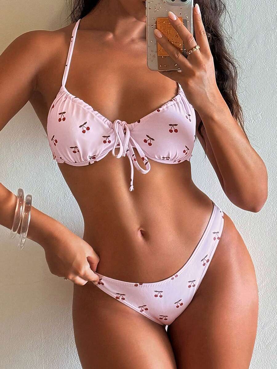 Swim Mod 女士新款春夏性感系带露背印花比基尼泳衣 - 粉色 - 查看 1