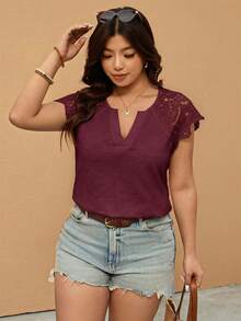 Elaquor Plus Size Women's Solid Color Casual Versatile Daily Short Sleeve T-Shirt - Burgundy - View 4