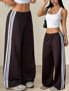 SHEIN PETITE Women's Knit Casual Sweatpants With Side Stripe, Deep Brown - Chocolate Brown - View 2