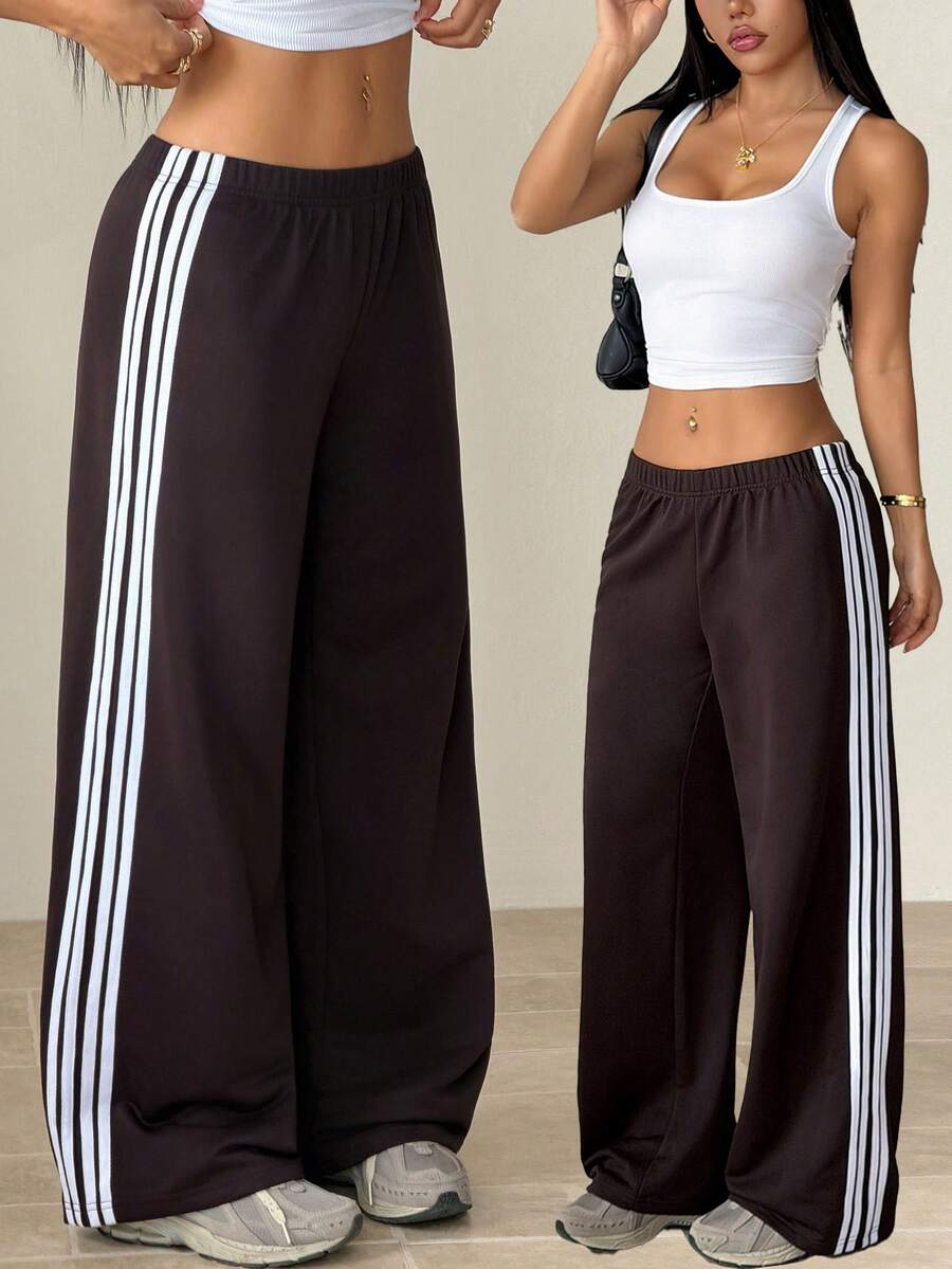 SHEIN PETITE Women's Knit Casual Sweatpants With Side Stripe, Deep Brown