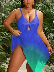 Slaydiva Plus Size Women One-Piece Gradient Print Casual Vacation Swimsuit - Blue - View 3
