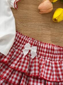 SHEIN 少女夏季甜美休闲乡村度假风日常通勤樱桃字母印花撞色荷叶边短袖T恤和格子多层荷叶边裙裤套装 - 彩色 - 查看 7