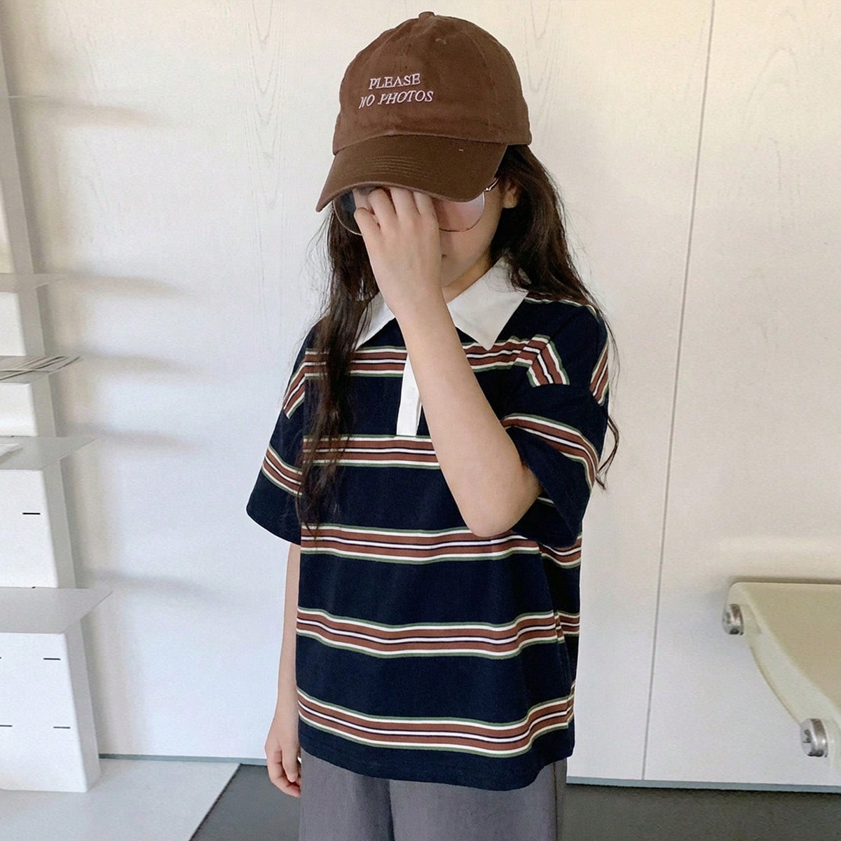 Ropa de otoño para niña preadolescente, camiseta de manga larga con cuello a rayas de color contrastante