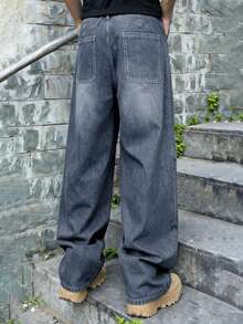 Manfinity EMRG Quần jean nam màu xanh denim dáng rộng ống rộng - Rửa nhẹ - Xem 2