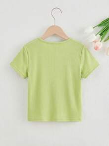 SHEIN 少女珍珠裝飾圓領短袖T恤 - 綠色 - 查看 2