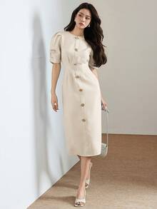 Heiryn New Arrival Waist Ruched Puff Sleeve Metal Button Decor Commuter Versatile Dress - Apricot - View 4