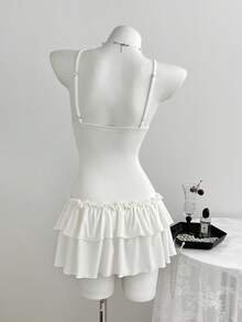 Elamini 女士V领蕾丝拼接针织弹力罗纹吊带连衣裙 - 白色 - 查看 2