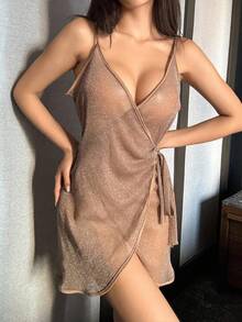 DAZY Metallic Silver Yarn Blend Mesh Wrap Spaghetti Strap See-Through Sexy Nightgown Pajama - Khaki - View 7