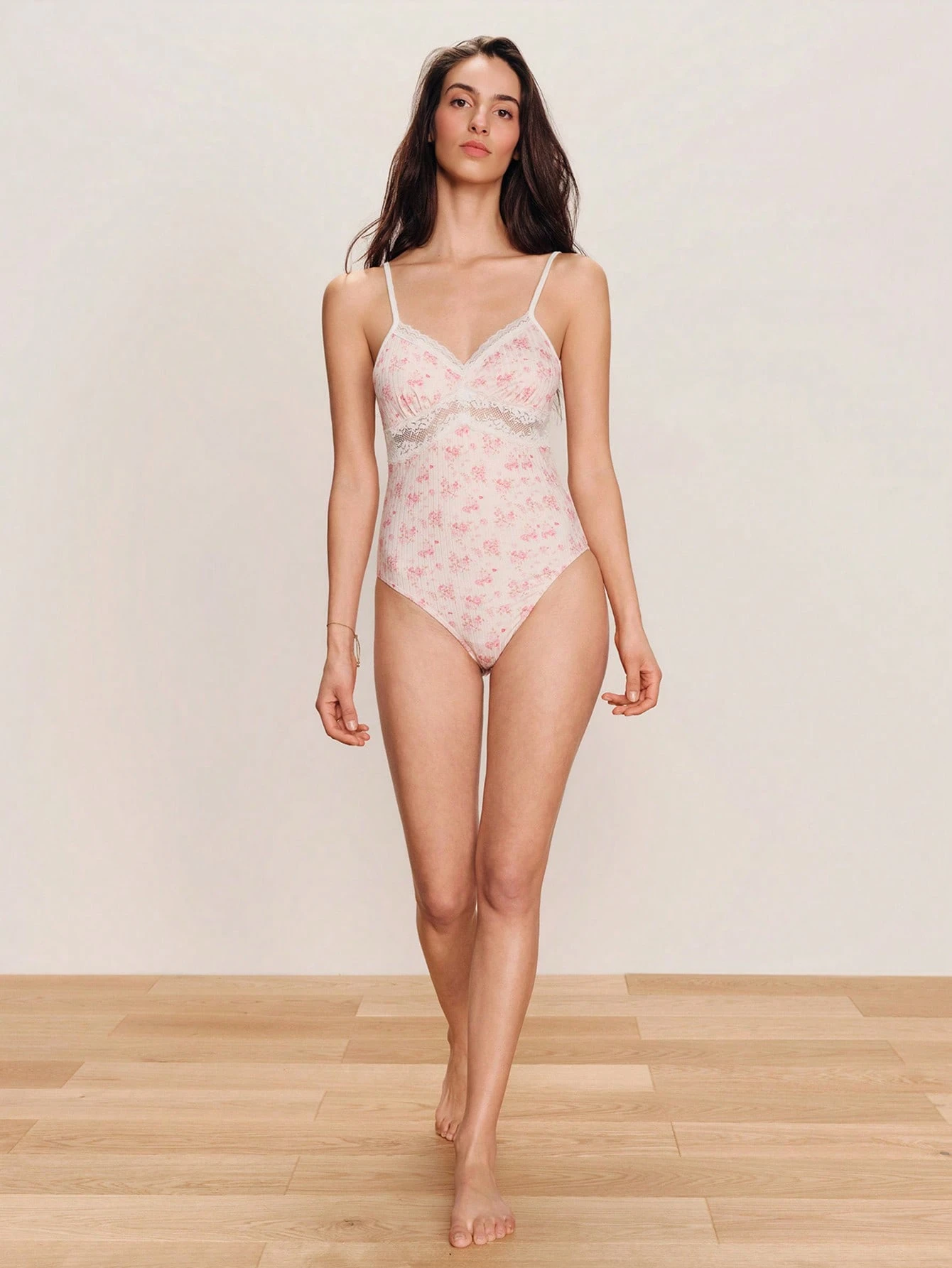 Pink Floral Bodysuit With Lace Trim Details Spring Summer French Style Parisian Style Going Out Vacation Outfit
