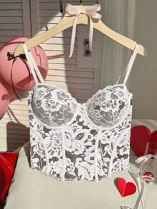 Comfortcana Plus Size Sexy Lace Sheer Camisole Top, Suitable For Party And Valentine's Day Wear, Spring/Summer - White - View 10