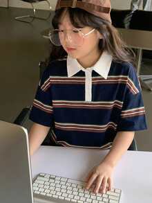 Dazy Kids 少女秋季撞色条纹领长袖T恤 - 藏蓝色 - 查看 5