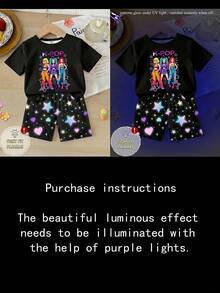 2件套女童时尚韩流女团图案印花黑色圆领短袖上衣和星星爱心图案印花短裤针织弹力休闲睡衣套装（在紫外线下发光，关闭后立即消失） - 黑色 - 查看 4