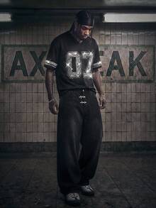 AXEPEAK 男士休闲时尚运动风水钻装饰条纹图案短袖T恤，夏季 - 黑色 - 查看 3