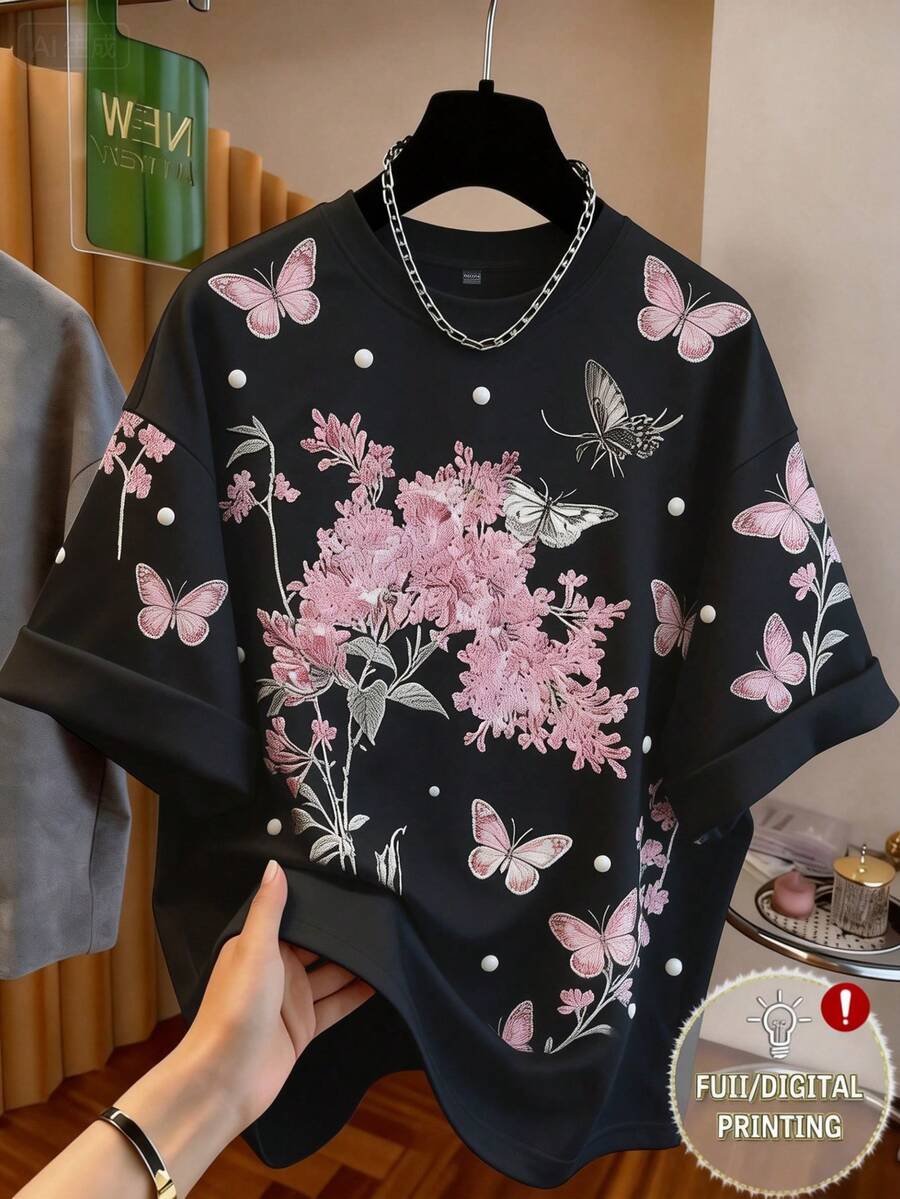 SHEIN 女士蝴蝶印花圆领休闲宽松短袖上衣 - 彩色 - 查看 1