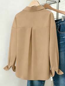 Simple, Solid-Color Women's Everyday Button-Down Shirt - Khaki - View 2
