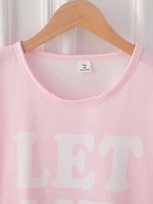 2pcs/Set Teenage Girls' Minimalist Black Cat Print Crew Neck Short Sleeve Top And Shorts Pajama Set - Pink - View 4
