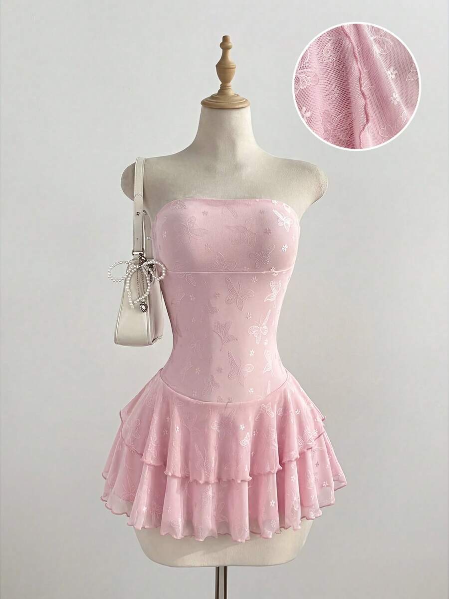 Elamini Strapless Mesh Butterfly Print Cake Dress, Sexy & Sweet For Party, Graduation - Pink - View 1